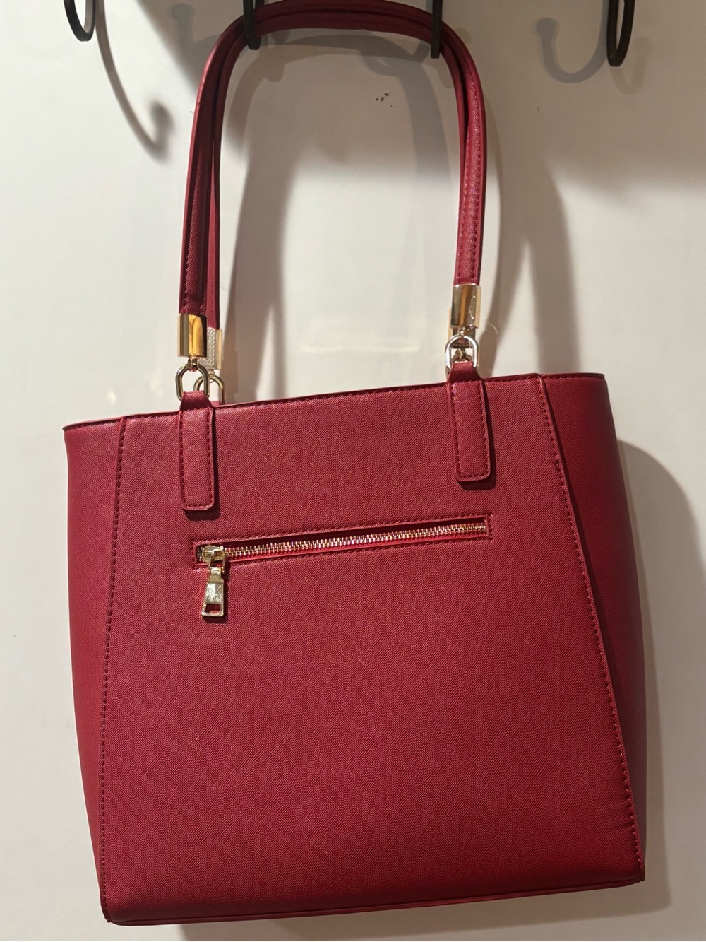 ⁠Madison West Red Saffiano Vegan Leather Tote Bag Structured Work Bag⁠